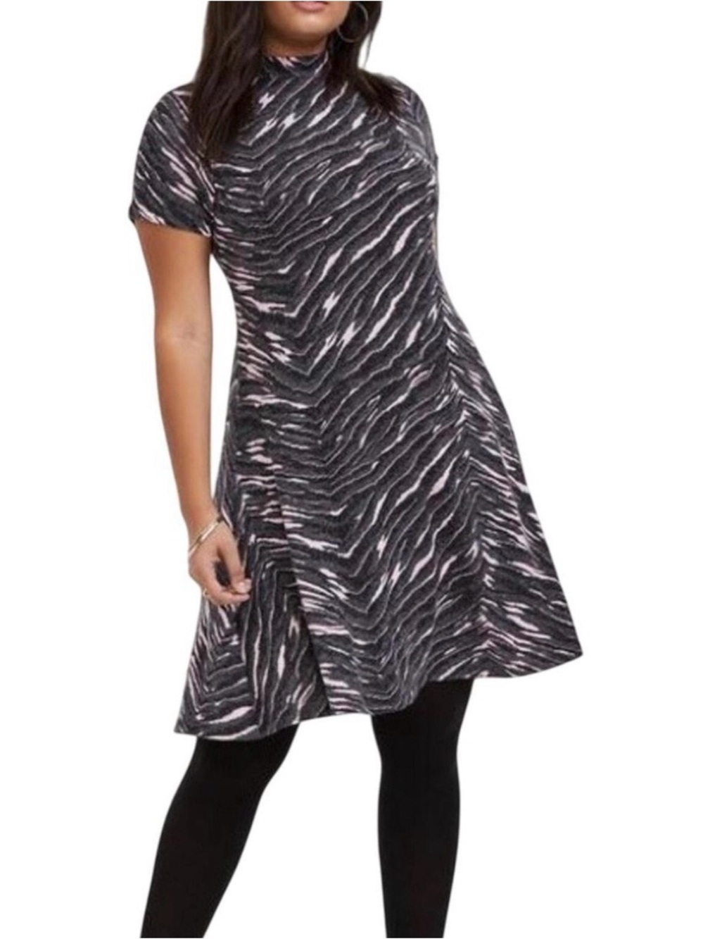 torrid Black and Pink Zebra-Stripe Mock Neck A-Line Midi Dress